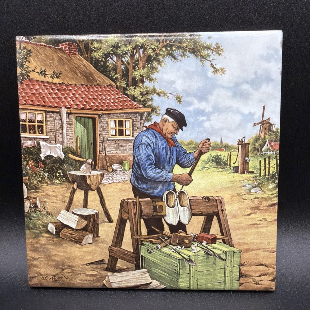 A Holland Decorative Tile/ Ter Steege BV Hand Decorated  Shoemaker 6" Sq